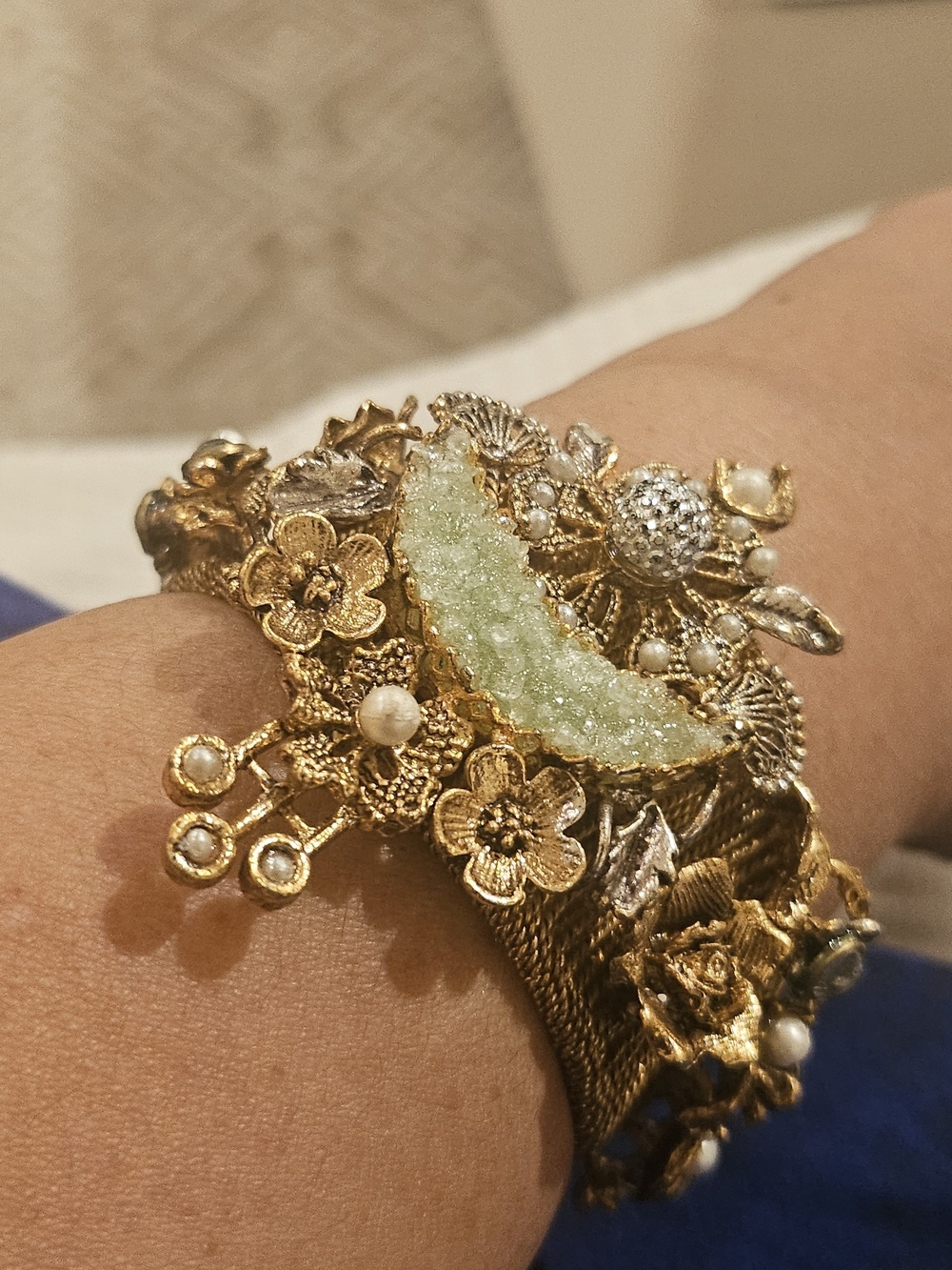 Gold Floral Crescent Druzy Statement Bracelet - Fits 2.4 To 2.6 Size